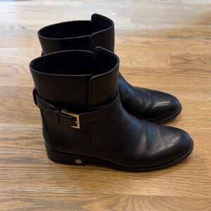 Tory Burch Black Leather Ankle Boots With Gold Buckle